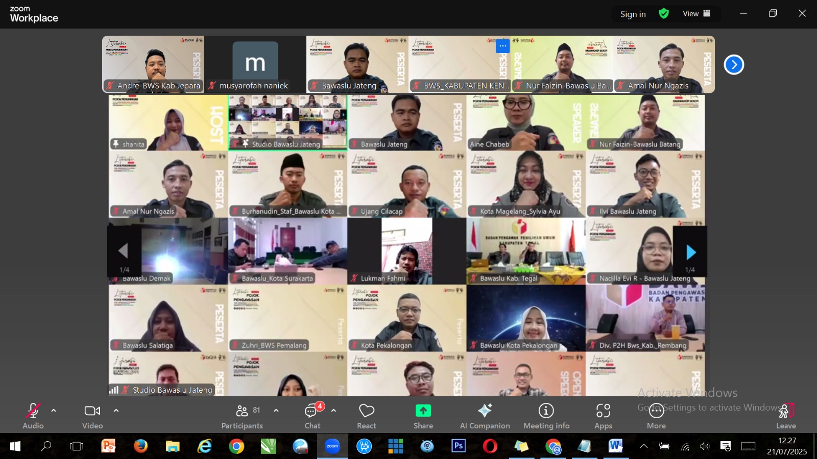 Bawaslu Jepara turut serta dalam kegiatan Literasi Pojok Pengawasan Volume 3 yang diselenggarakan oleh Bawaslu Provinsi Jawa Tengah secara daring