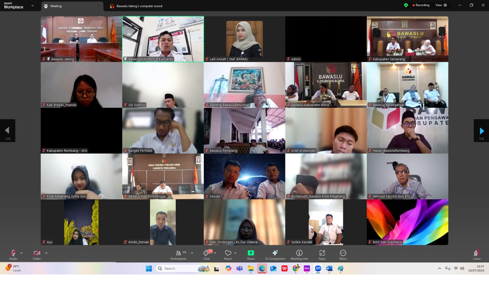 Bawaslu Jepara mengikuti Rapat Koordinasi Optimalisasi Program dan Kegiatan Divisi Penyelesaian Sengketa Semester II yang diselenggarakan oleh Bawaslu Provinsi Jawa Tengah secara daring