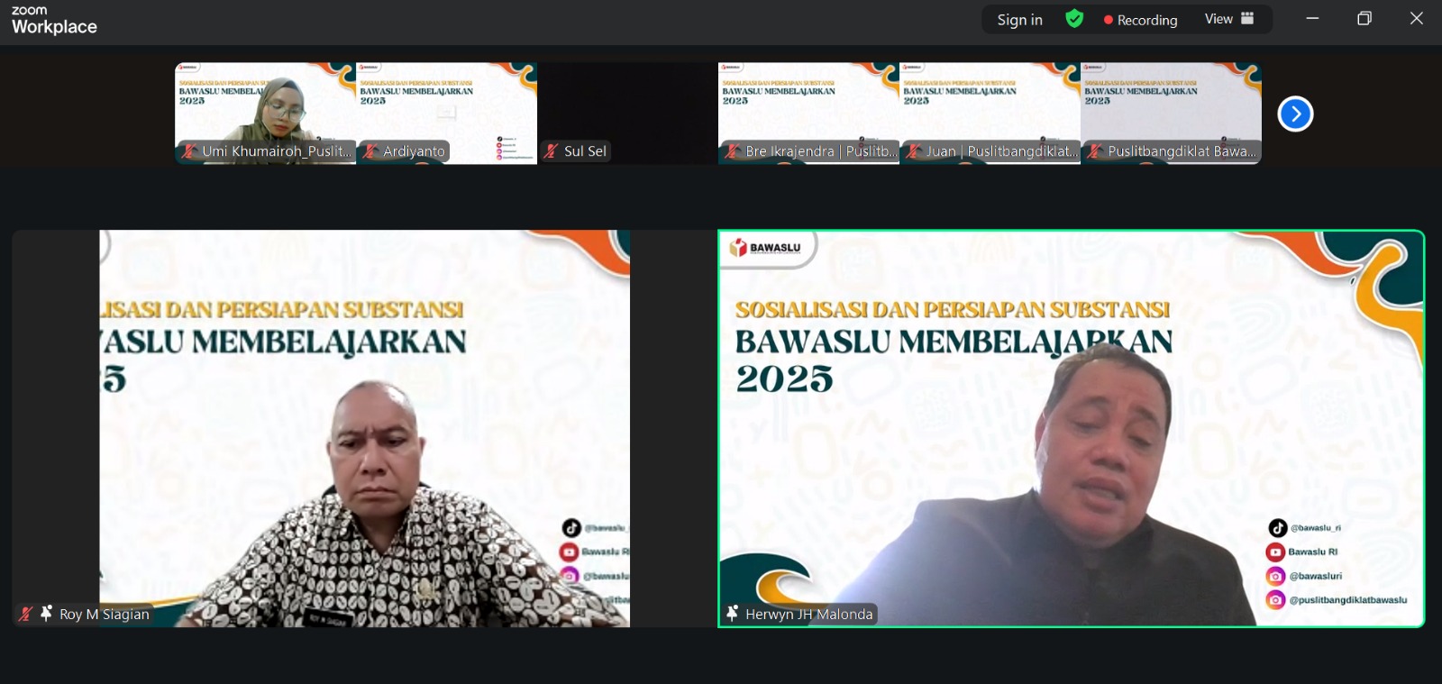 Anggota Bawaslu Herwyn JH Malonda (kanan) dalam forum daring Sosialisasi dan Persiapan Substansi Bawaslu Membelajaran 2025, Jumat (3/10/2025).
