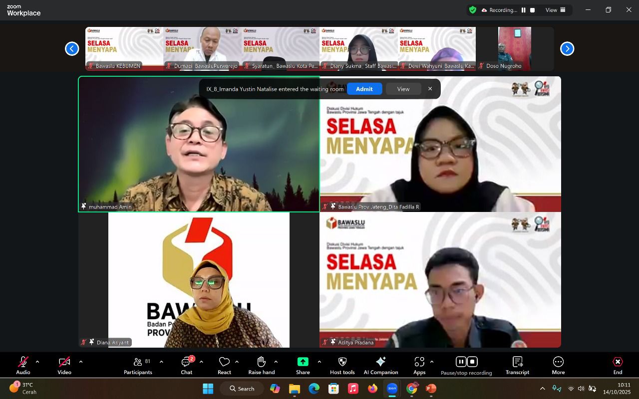 Bawaslu Kabupaten Jepara mengikuti kegiatan “Selasa Menyapa” yang diselenggarakan oleh Bawaslu Provinsi Jawa Tengah secara daring melalui Zoom Meeting pada Selasa, 14 Oktober 2025