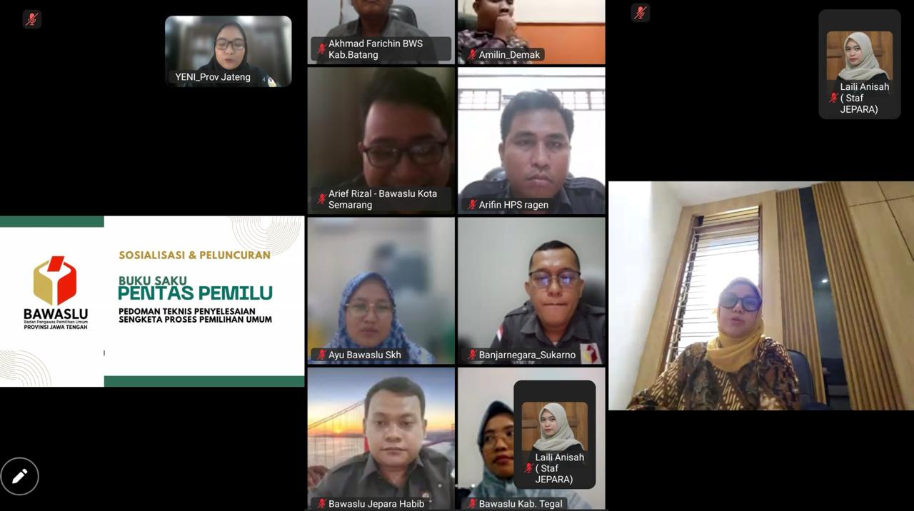 Bawaslu Kabupaten Jepara mengikuti kegiatan Sosialisasi dan Peluncuran Buku Saku PENTAS PEMILU (Pedoman Teknis Penyelesaian Sengketa Proses Pemilihan Umum) yang diselenggarakan oleh Bawaslu Provinsi Jawa Tengah