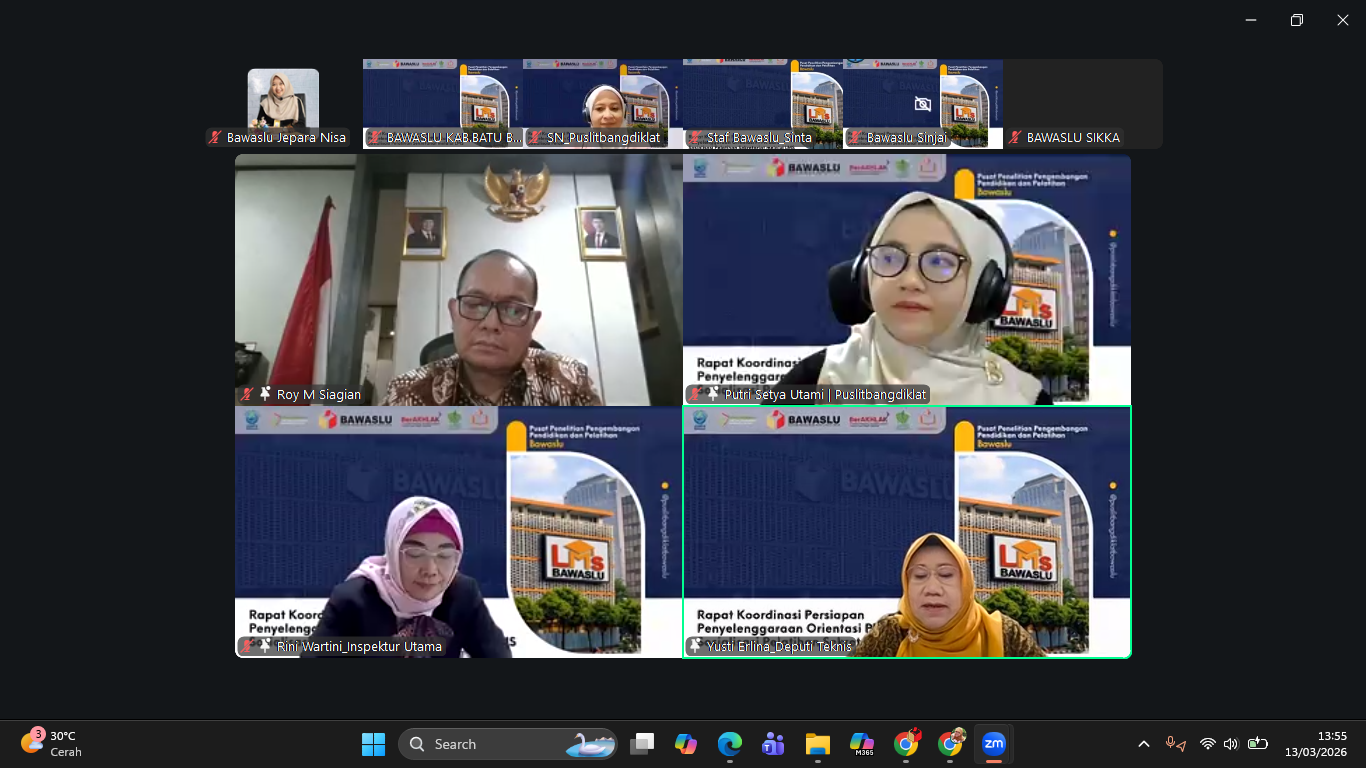 Bawaslu Jepara mengikuti Rapat Koordinasi Persiapan Penyelenggaraan Orientasi Pegawai Pemerintah dengan Perjanjian Kerja (PPPK) dan Sosialisasi Pelatihan Sekretariat melalui Learning Management System (LMS) yang diselenggarakan oleh Bawaslu RI melalui zoom meeting