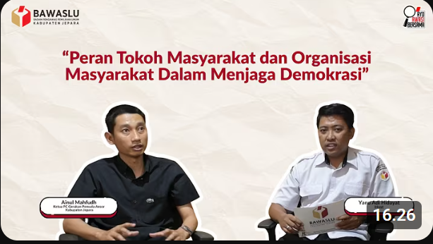 Bawaslu Jepara menggelar podcast Bawaslu Menyepa bertema "Peran Tokoh Masyarakat dan Ormas dalam Menjaga Demokrasi" yang dipandu oleh Staf Bawaslu Jepara Yanu Adhi Hidayat dengan menghadirkan Narasumber dari Ketua GP Ansor Kabupaten Jepara, Ainul Mahmud, S.E., M.M.