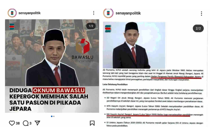 Tangkapan layar akun Instagram @Senayanid yang menyebar kabar hoaks tentang Ali Purnomo, Komisioner Bawaslu Jepara. (Istimewa/ Instagram @Senayanid