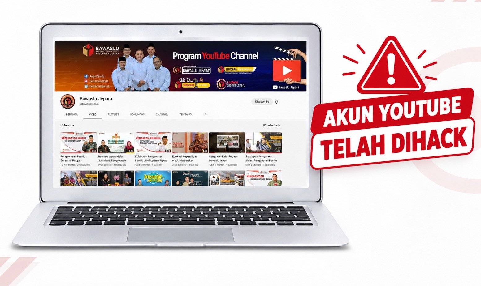 Kanal YouTube resmi Badan Pengawas Pemilihan Umum (Bawaslu) Kabupaten Jepara diduga diretas oleh pihak yang tidak bertanggung jawab. Dugaan tersebut diketahui setelah terjadi perubahan pada akun dan konten kanal yang berada di luar kendali pengelola Bawaslu Jepara. Kondisi tersebut membuat akses terhadap akun, termasuk kata sandi dan sejumlah konten di dalamnya, tidak dapat kembali dikuasai oleh pihak Bawaslu Jepara, (27/12/2024).