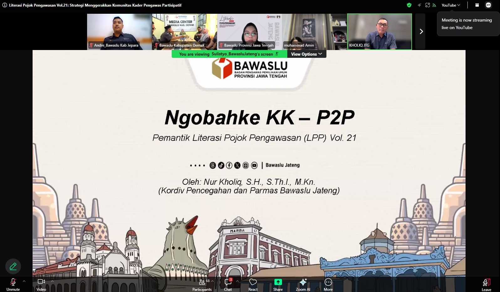 Bawaslu Jepara mengikuti kegiatan Literasi Pojok Pengawasan Vol. 21 bertajuk “Strategi Menggerakkan Komunitas Kader Pengawas Partisipatif” yang dilaksanakan secara daring melalui Zoom Meeting, Senin (5/10).
