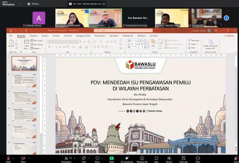 Bawaslu Kabupaten Jepara mengikuti kegiatan literasi Pojok Pengawasan bertema “Hambatan dan Tantangan Pengawasan Pemilu di Wilayah Perbatasan” yang diselenggarakan oleh Bawaslu Provinsi Jawa Tengah melalui zoom meeting
