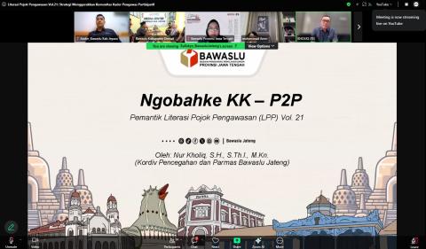 Bawaslu Jepara mengikuti kegiatan Literasi Pojok Pengawasan Vol. 21 bertajuk “Strategi Menggerakkan Komunitas Kader Pengawas Partisipatif” yang dilaksanakan secara daring melalui Zoom Meeting, Senin (5/10).