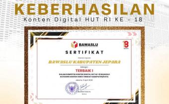 Bawaslu Jepara berhasil meraih Juara 1 Kategori Konten Video tingkat Bawaslu Kabupaten/Kota dalam ajang kompetisi konten digital yang diselenggarakan oleh Bawaslu RI dalam rangka HUT ke-18 pada (9/4). 